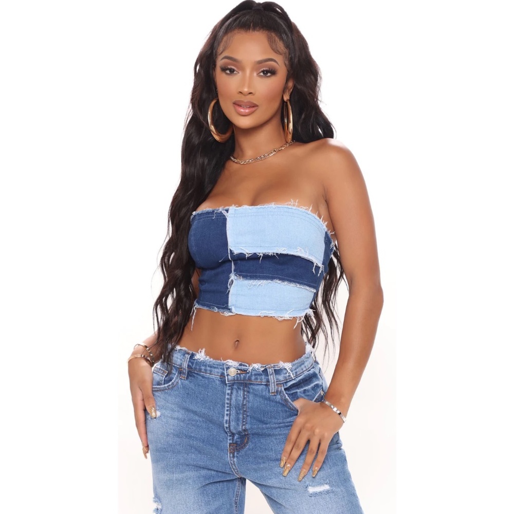 Patchwork Straight Leg Jeans + Patchwork Tube Top - image 3